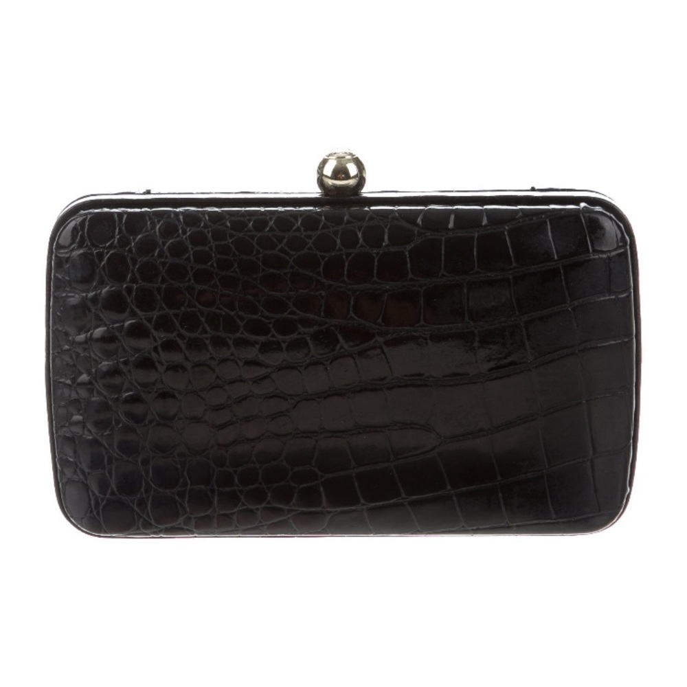 {TORY BURCH} Black Embossed Patent Box Clutch